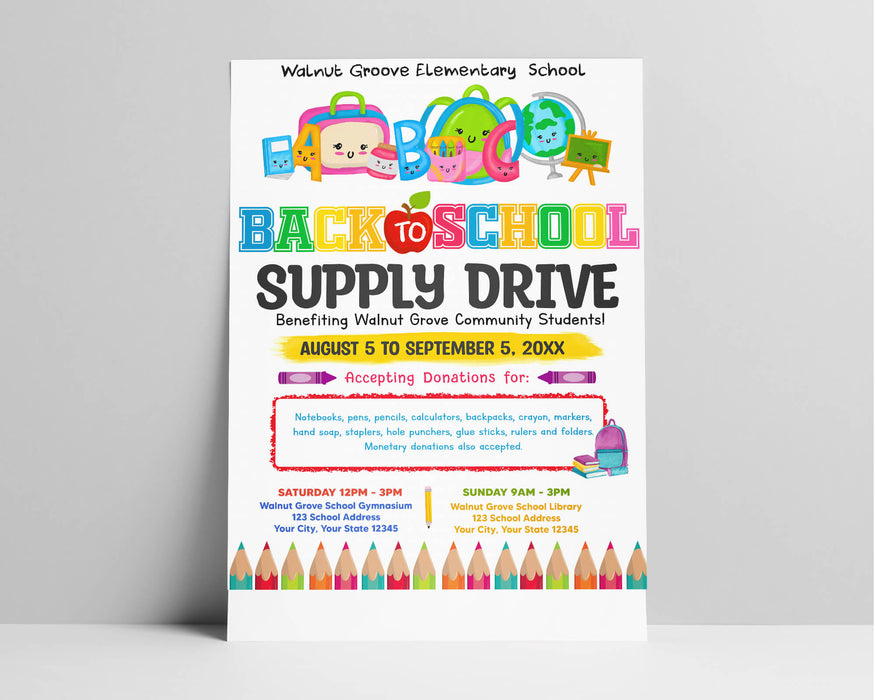 DIY Back To School Supply Drive Flyer | Fundraising Event Flyer Template