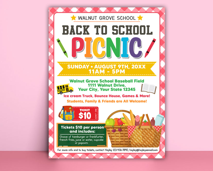 Customizable Back To School Picnic Flyer | PTO PTA Back To School Event Flyer Poster