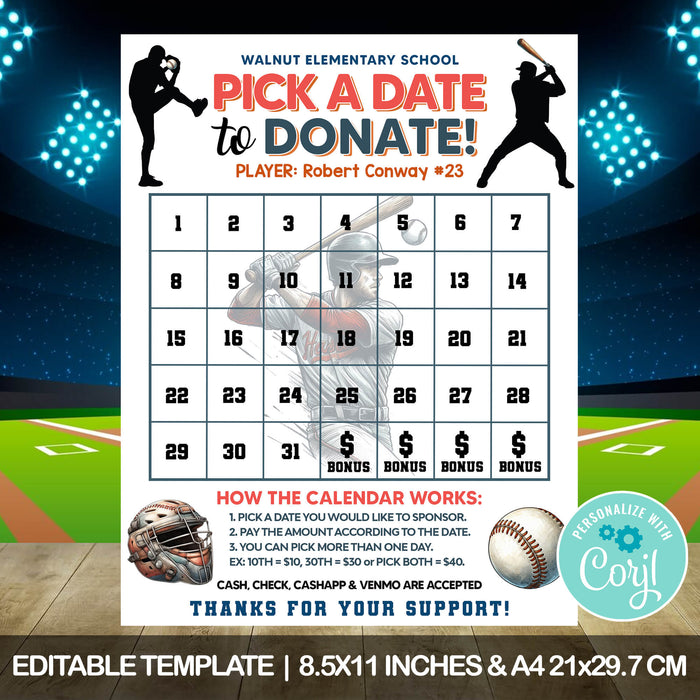 Baseball Pick a Date to Donate Fundraising Calendar | Fundraiser Pay The Date Template