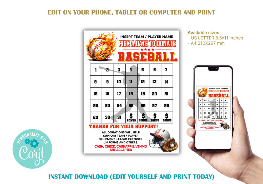 Baseball Pick A Date Fundraising | Sports Pick a Date to Donate Calendar Template