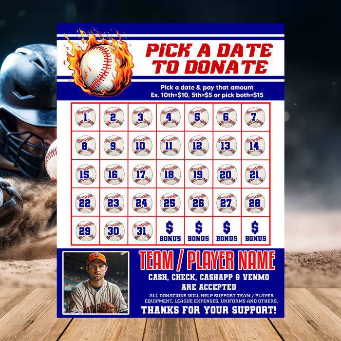 Baseball Calendar Fundraiser | Pick a Date to Donate Sports Fundraiser Template