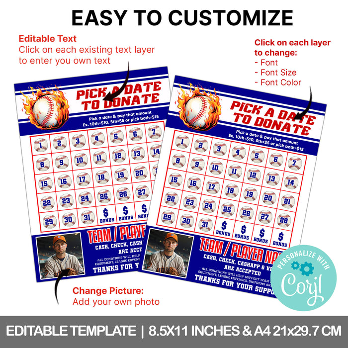 Baseball Calendar Fundraiser | Pick a Date to Donate Sports Fundraiser Template