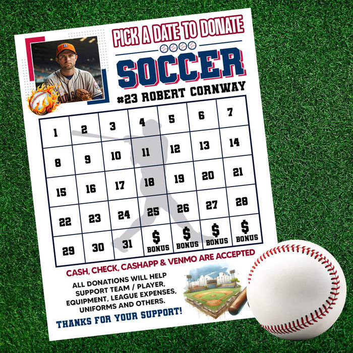 Team Sports Baseball Player Donation Calendar | Pick a Date to Donate Baseball Fundraiser Template