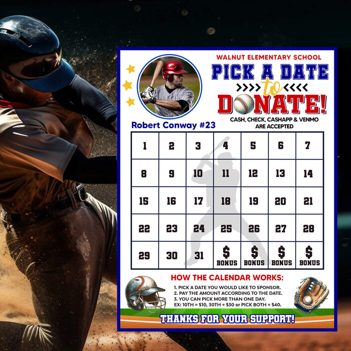 Baseball Fundraising Donation Calendar Template | Sports Fundraiser Pick a Date to Donate