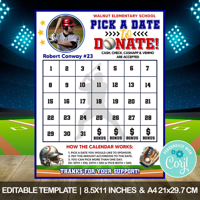 Baseball Fundraising Donation Calendar Template | Sports Fundraiser Pick a Date to Donate - Posh Park baseball-fundraising-donation-calendar-template-sports-fundraiser-pick-a-date-to-donate-posh-park