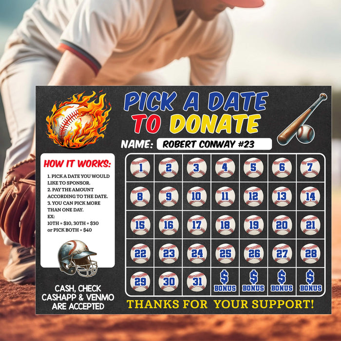 Baseball Fundraiser Donation Calendar Template | Pick a Date to Donate Sports Fundraiser Calendar