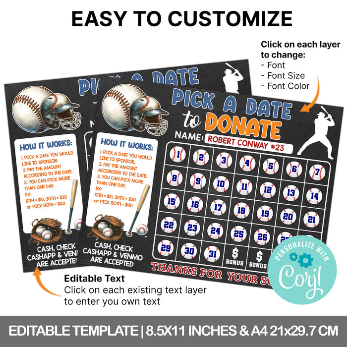 DIY Baseball Sports Donation Calendar | Pick a Date to Donate Fundraiser Template