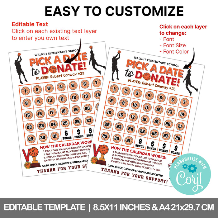 Basketball Pick a Date to Donate Fundraising Calendar | Fundraiser Pay The Date Template