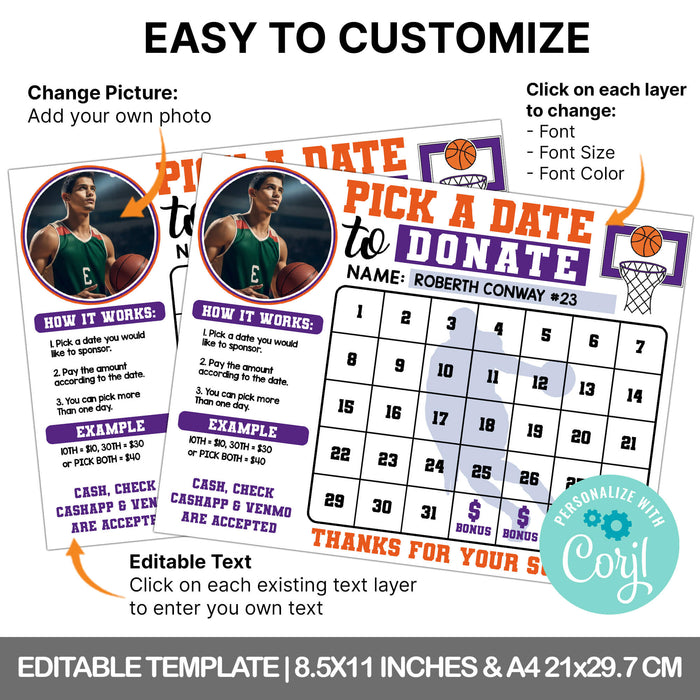 Basketball Pick A Date To Donate | Fundraising Donation Calendar Template