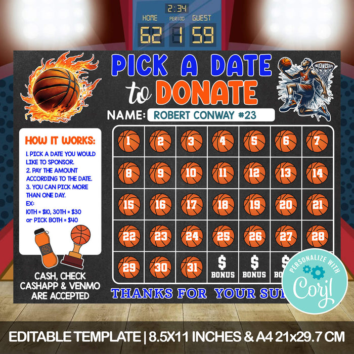 Basketball Pick A Date Fundraising | Sports Pick a Date to Donate Calendar Template