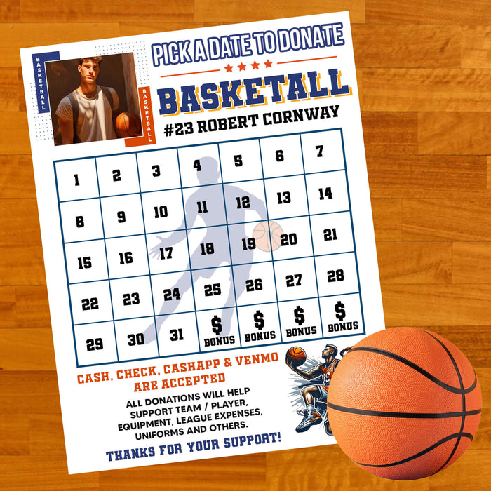 Team Sports Basketball Player Donation Calendar | Pick a Date to Donate Fundraiser Template
