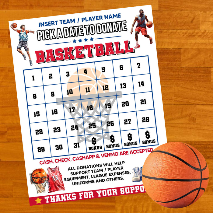 Basketball Fundraising Donation Calendar | Pick a Date to Donate Calendar Template