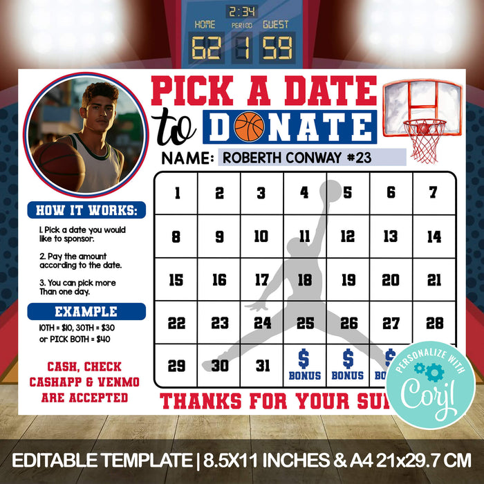 DIY Basketball Sports Donation Calendar | Pick a Date to Donate School Fundraiser Template