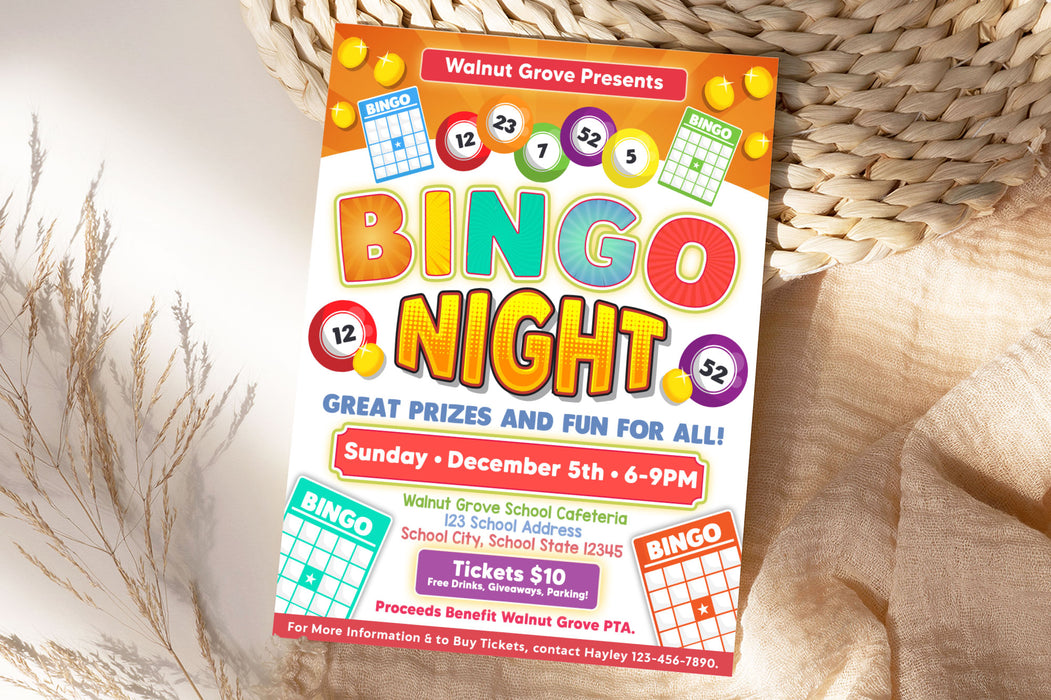 DIY Bingo Night Invite Flyer Template | Family School PTA PTO Fundraiser Event Flyer Invitation