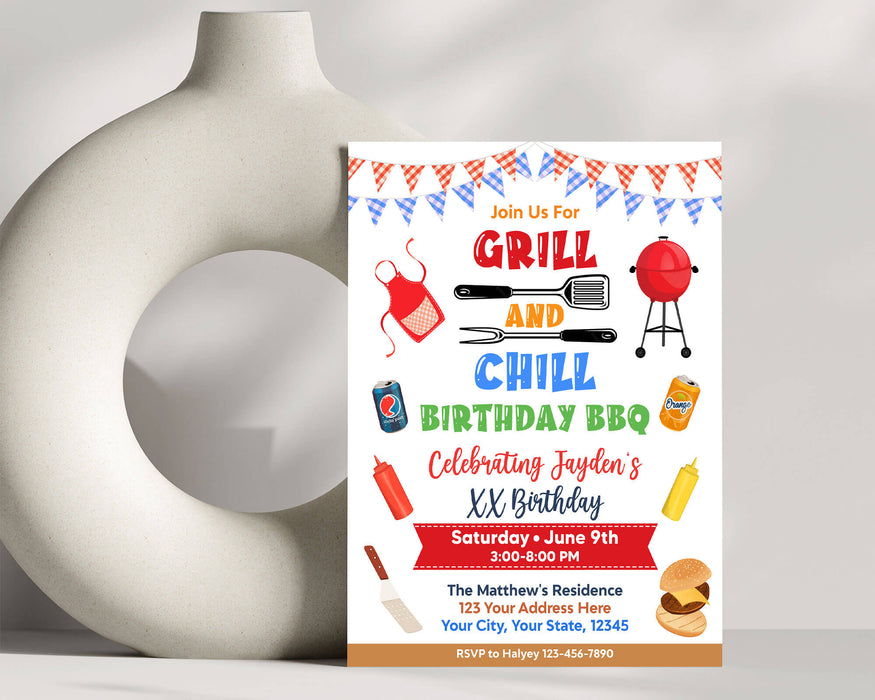 Customizable Birthday BBQ Party Invitation Template | Grill and Chill Barbecue Party Flyer Invite