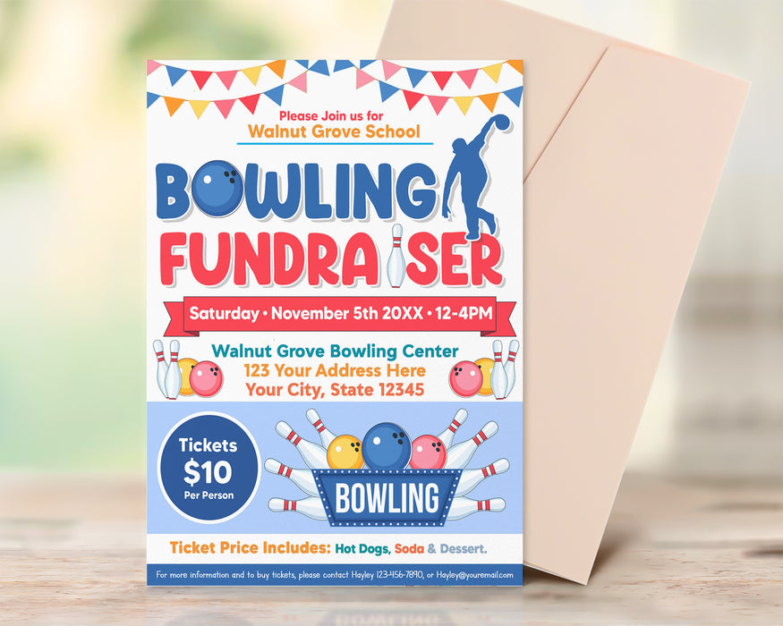 Customizable Bowling Fundraiser Flyer Template | Sports Fundraising Event Flyer