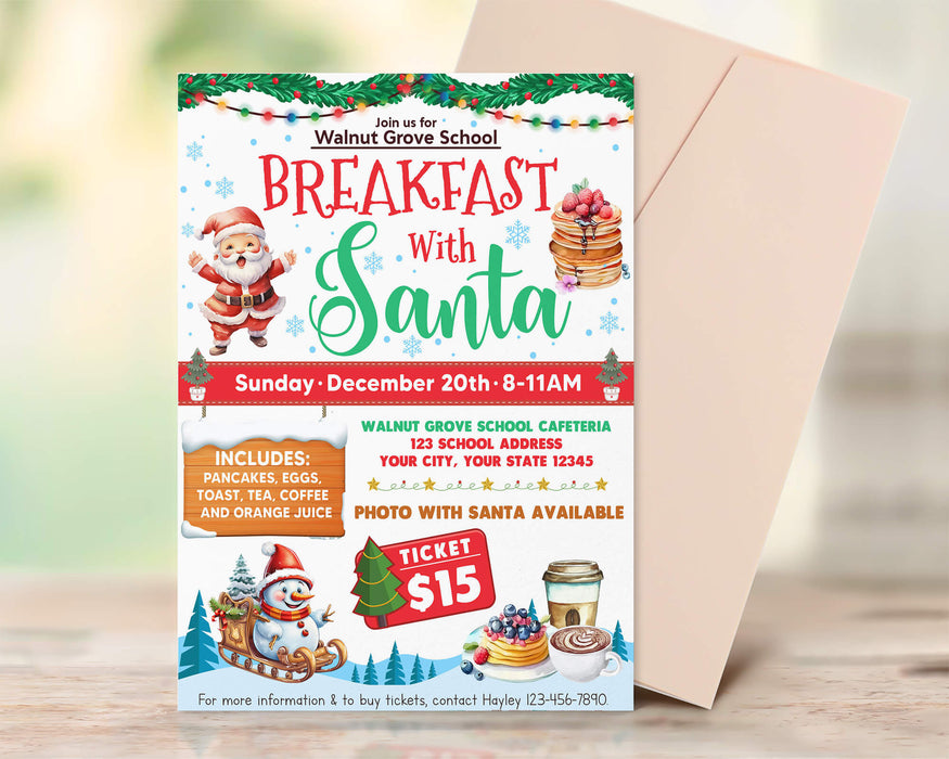 Customizable Breakfast With Santa Flyer Template | Christmas School PTA PTO Fundraiser Event Poster