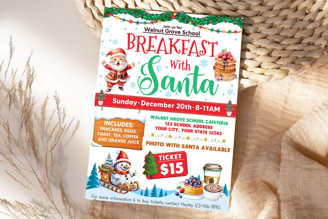 Customizable Breakfast With Santa Flyer Template | Christmas School PTA PTO Fundraiser Event Poster