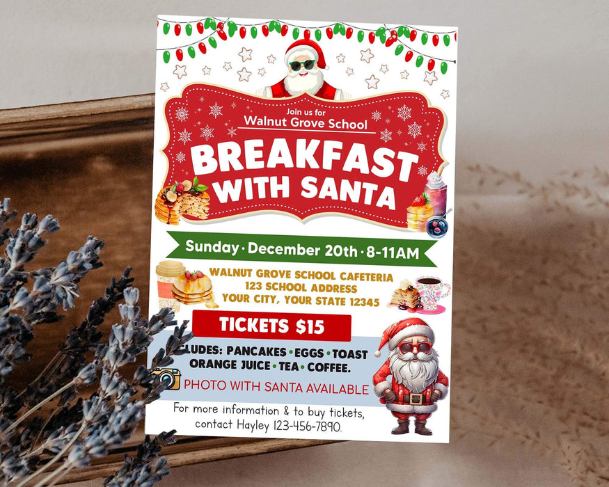 DIY Breakfast With Santa Flyer | School PTA PTO Christmas Fundraiser Poster Template