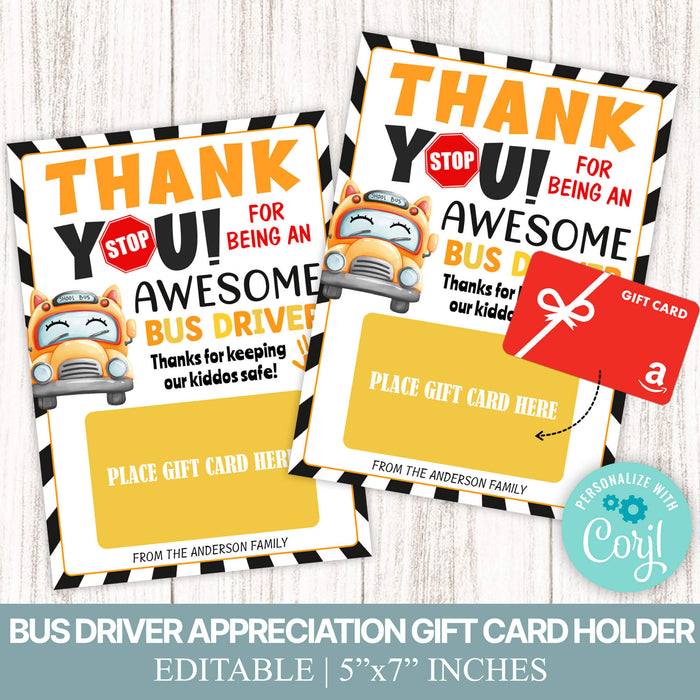 Bus Driver Appreciation Gift Card Holder | School Bus Driver Thank You Card Template
