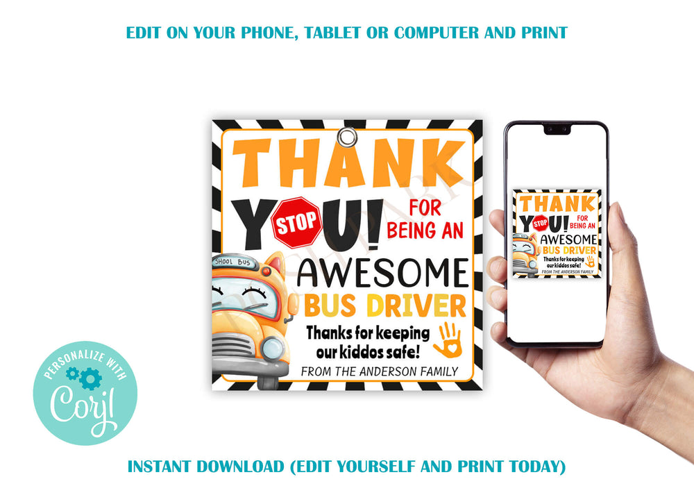 DIY Bus Driver  Appreciation Thank You Tag Template | School Bus Driver Gift Favor Tag