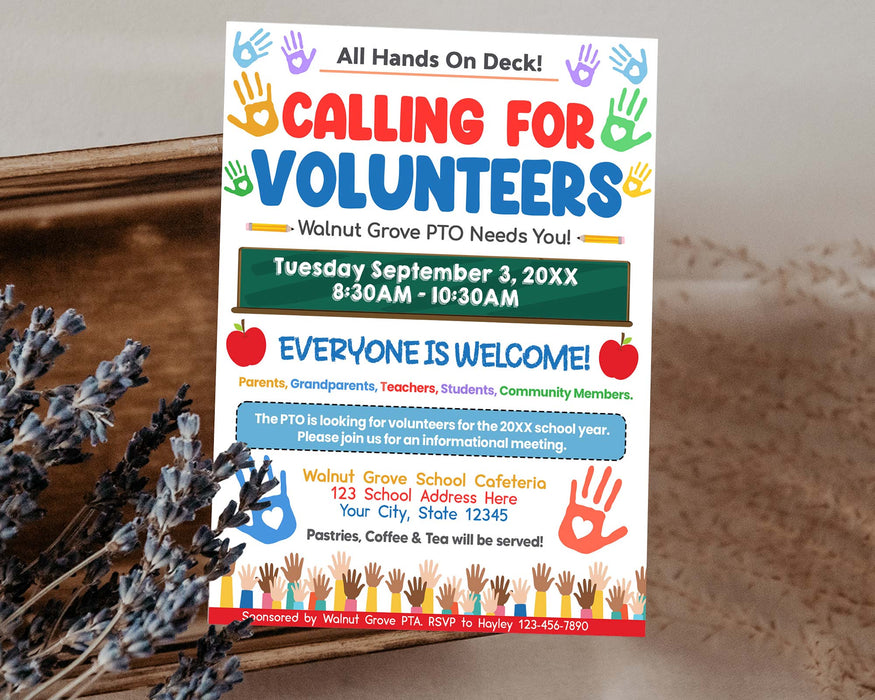 DIY Calling For Volunteers Invite Flyer Template | PTO PTA Volunteer Recruitment Flyer Invitation
