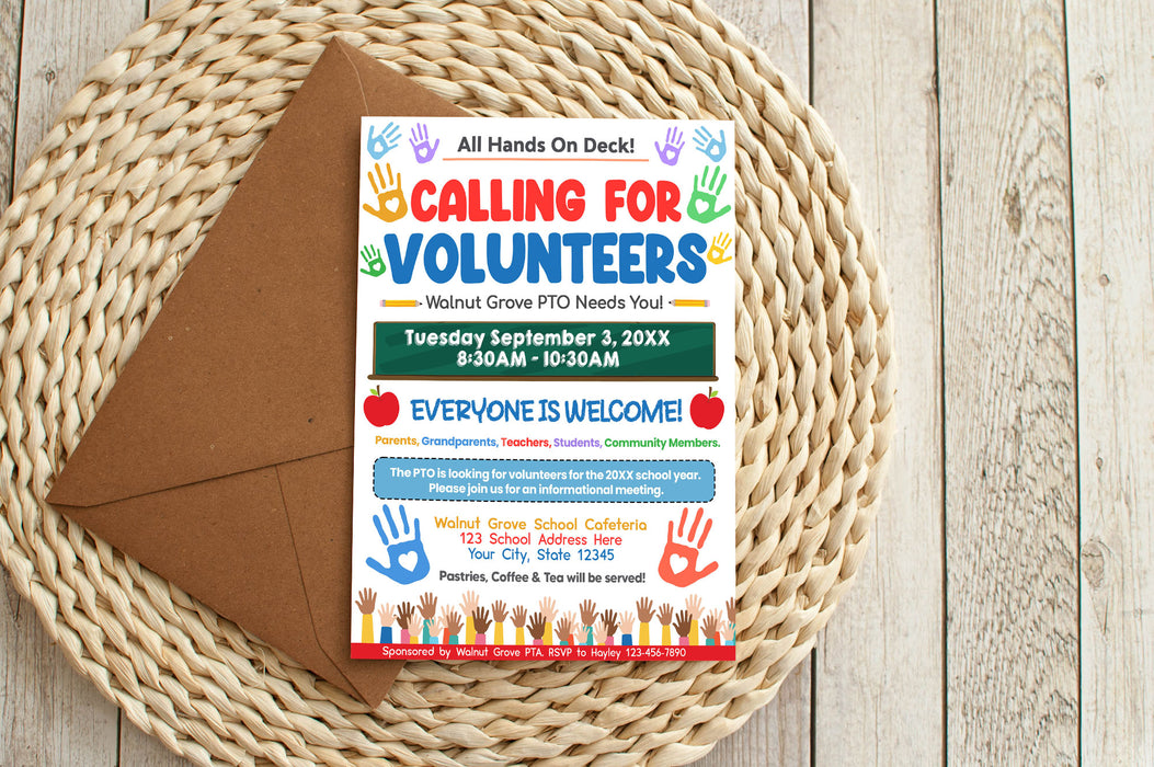 DIY Calling For Volunteers Invite Flyer Template | PTO PTA Volunteer Recruitment Flyer Invitation