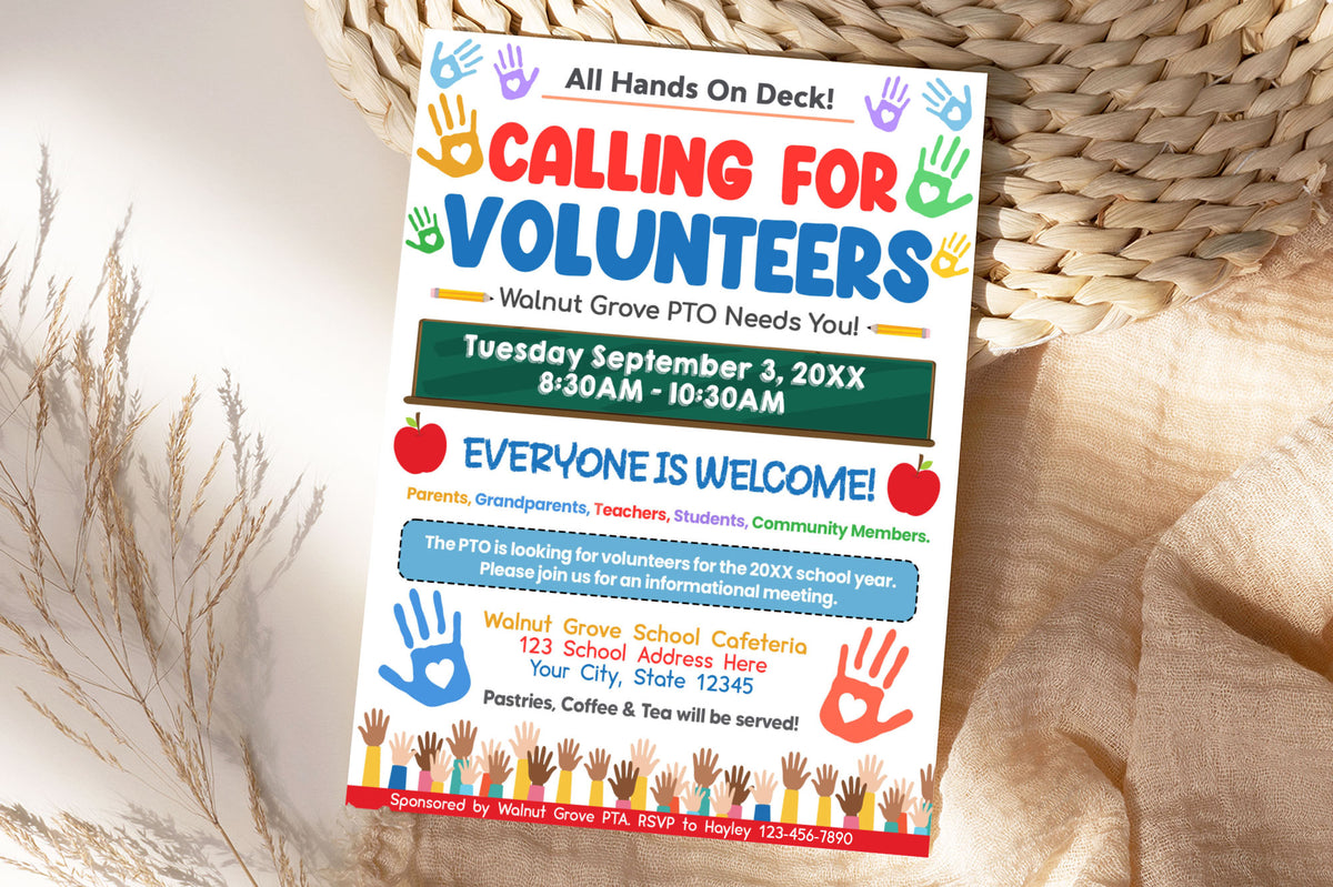 DIY Calling For Volunteers Invite Flyer Template | PTO PTA Volunteer ...