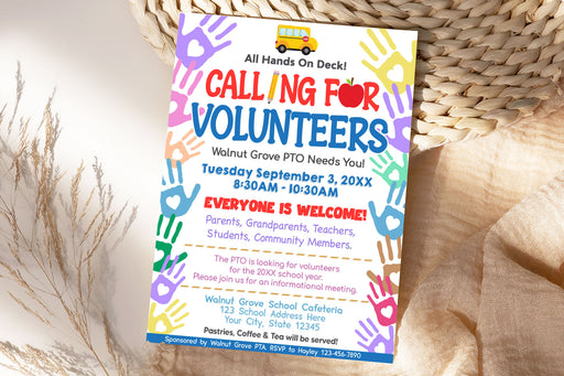Customizable Calling For Volunteers Invite Flyer | PTO PTA Volunteer Flyer Template