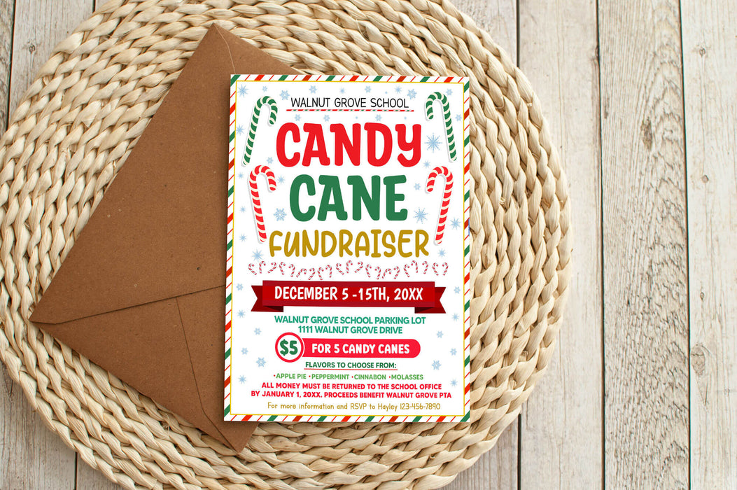 Candy Cane Fundraiser Flyer Template | Holiday School Fundraiser Event Invite Poster
