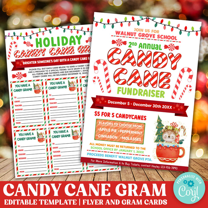 Candy Cane Fundraiser Flyer and Gram Cards | Holiday Christmas Fundraising Event