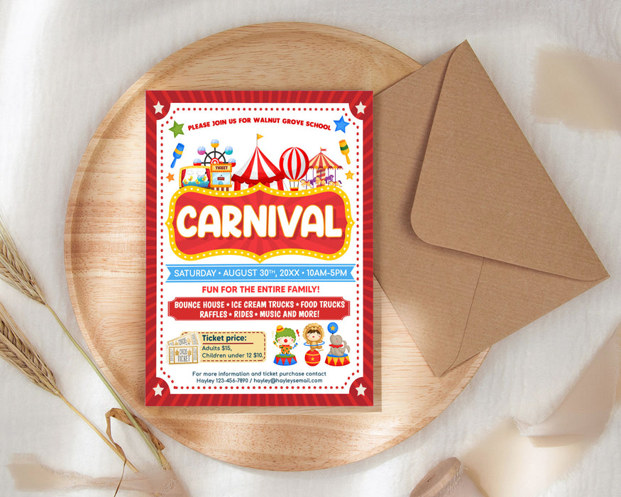 Customizable School Carnival Flyer Template | School Church Benefit Fundraiser Event Circus Party Invite Poster