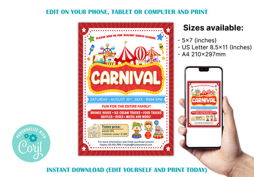 Customizable School Carnival Flyer Template | School Church Benefit Fundraiser Event Circus Party Invite Poster
