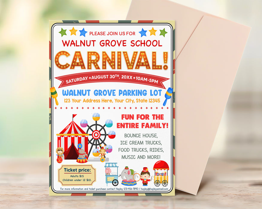 DIY School Carnival Flyer Template Circus Party Fundraiser Event
