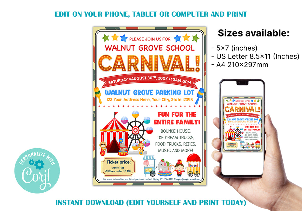 DIY School Carnival Flyer Template | Circus Party Fundraiser Event Invite Poster