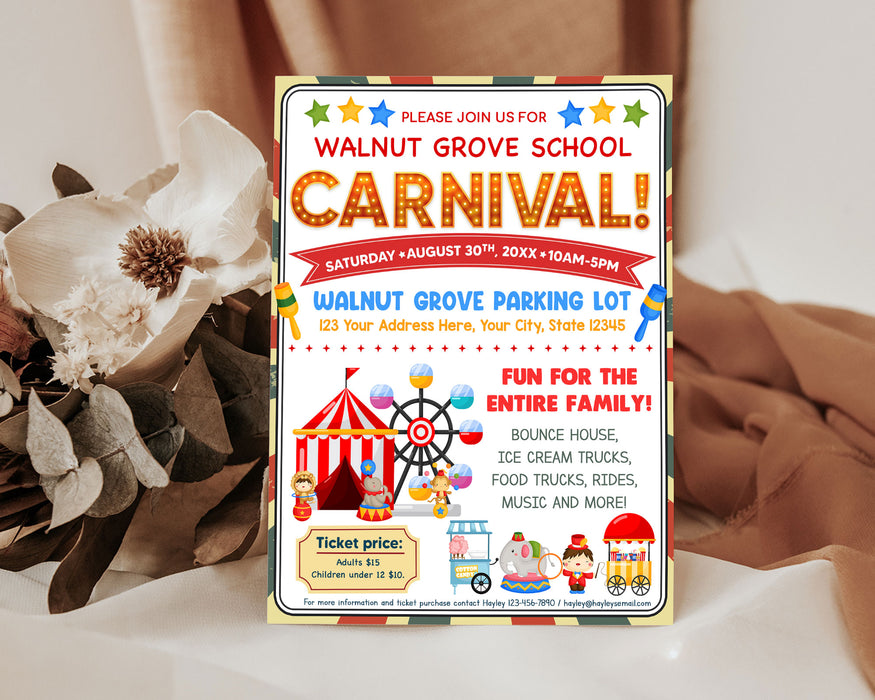 DIY School Carnival Flyer Template | Circus Party Fundraiser Event Invite Poster