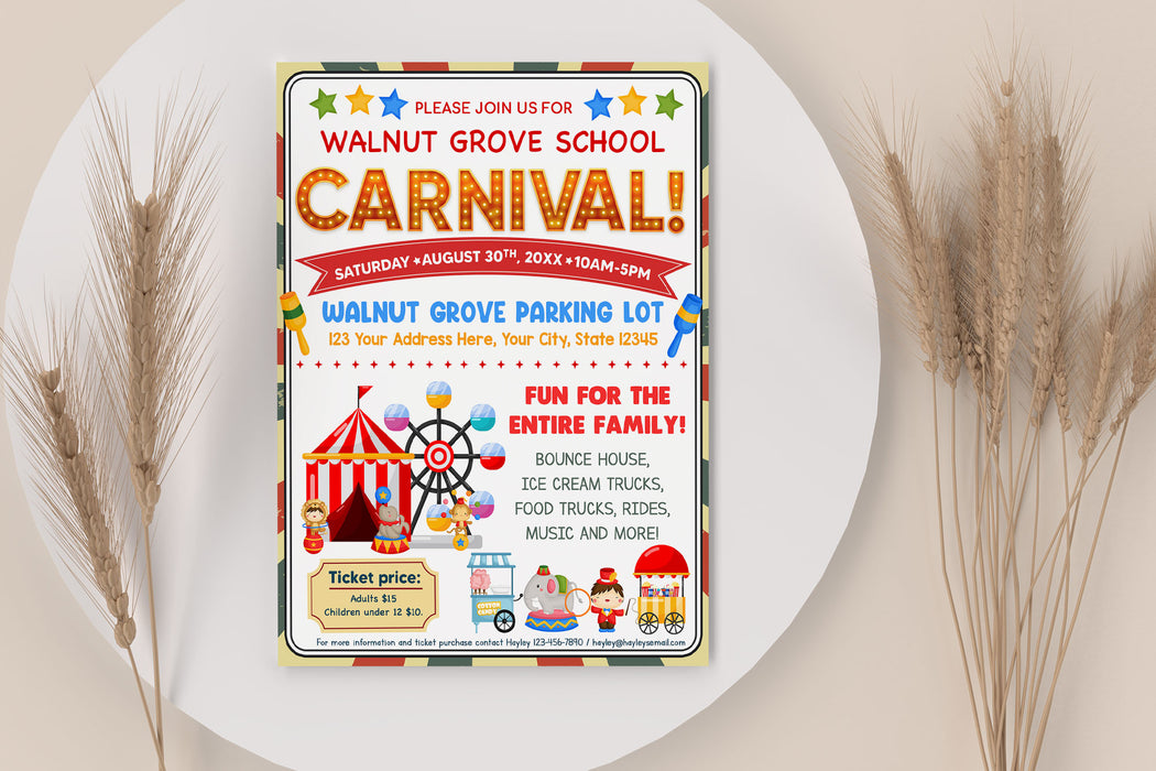 DIY School Carnival Flyer Template Circus Party Fundraiser Event