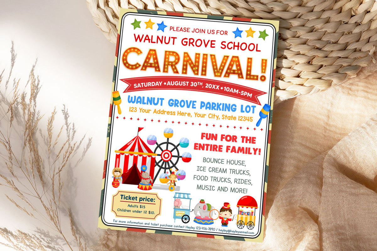 DIY School Carnival Flyer Template Circus Party Fundraiser Event