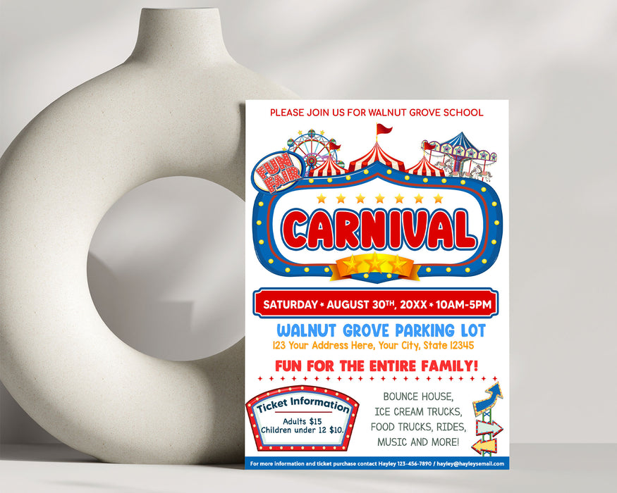 School Carnival Flyer Template | School Circus Party Fundraiser Benefit Event Invite Poster