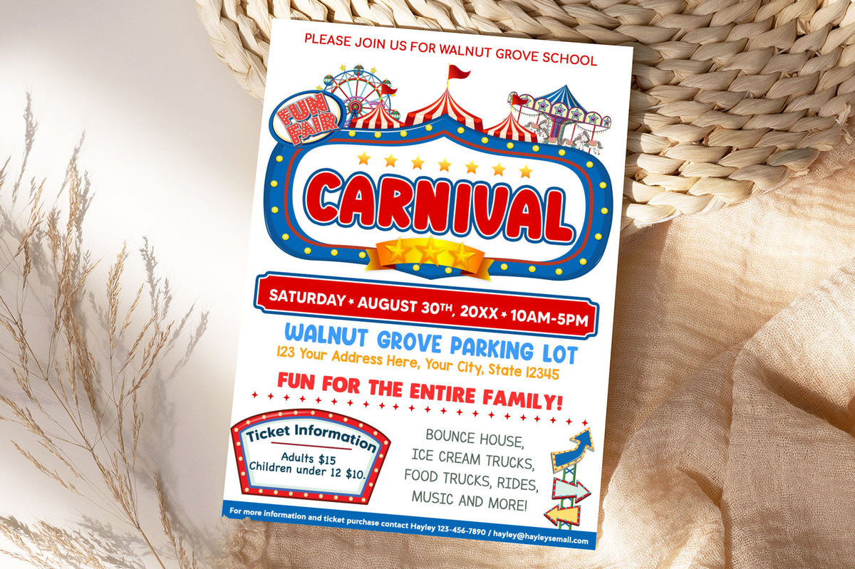 School Carnival Flyer Template School Circus Party Fundraiser Benefit