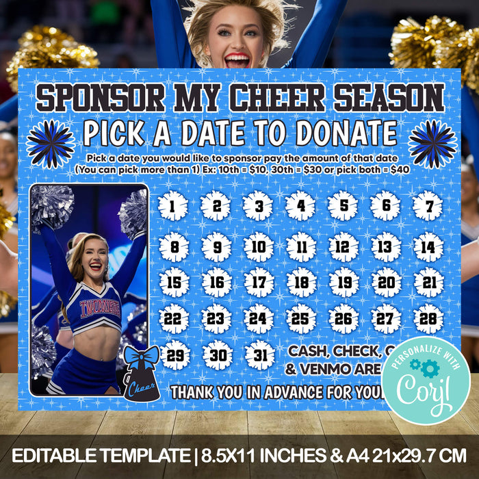 Cheerleader Pick a Date to Donate Fundraising Calendar | Cheer Squad Fundraiser Pay The Date Template