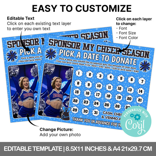 Cheerleader Pick a Date to Donate Fundraising Calendar | Cheer Squad Fundraiser Pay The Date Template