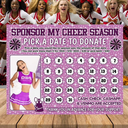 Cheerleader Pick A Date To Donate | Cheer Team Sport Fundraising Donation Calendar Template