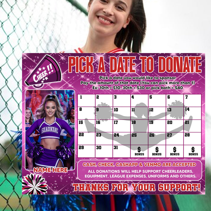 Cheer Squad Pick A Date Fundraising | Cheerleading Team Pick a Date to Donate Calendar Template
