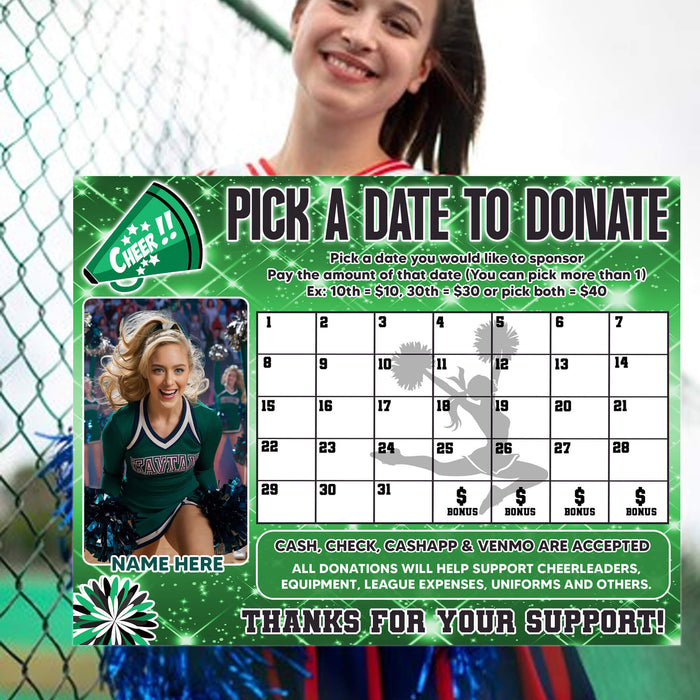 Cheer Squad Team Calendar Fundraiser | School Cheerleading Pick a Date to Donate Fundraiser Template