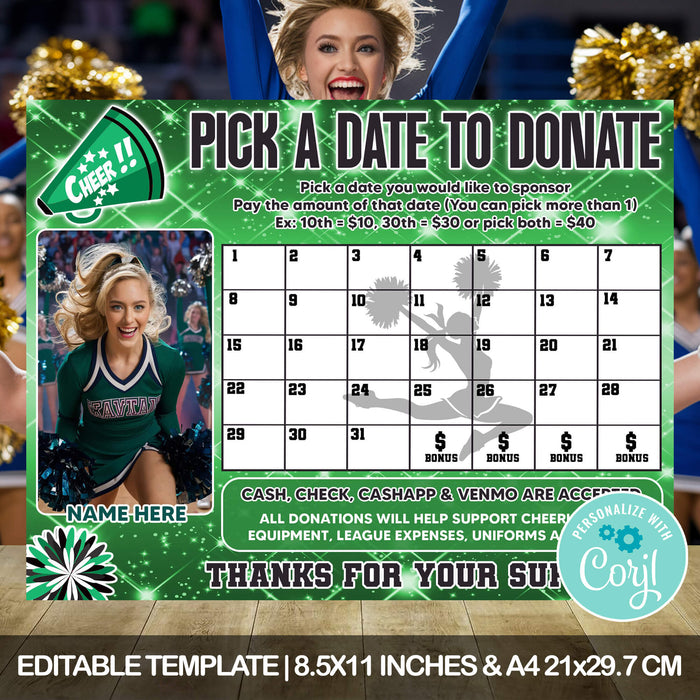 Cheer Squad Team Calendar Fundraiser | School Cheerleading Pick a Date to Donate Fundraiser Template