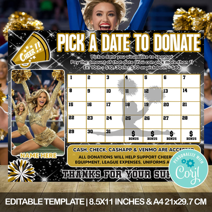 Cheer Squad Team Donation Calendar | Cheerleader Pick a Date to Donate Fundraiser Template