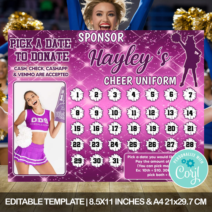 Customizable Cheerleader Team Pick a Date to Donate Template | Pep Squad Fundraising Donation Calendar