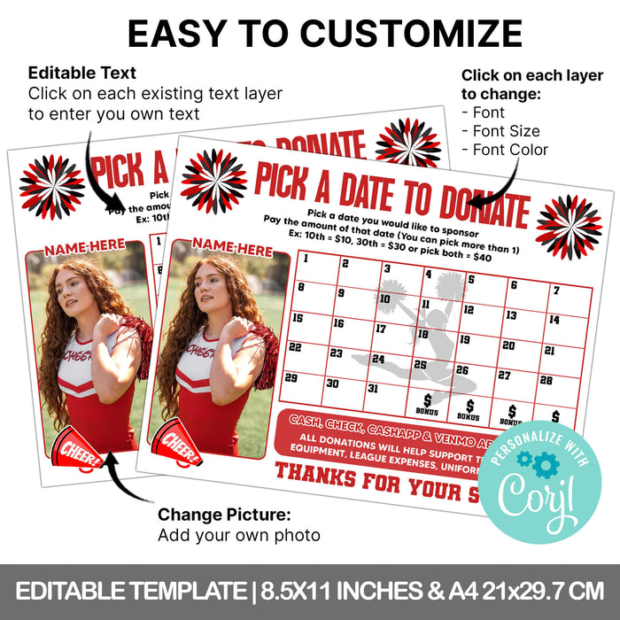 Cheerleading Pick A Date To Donate | Cheer Fundraising Donation Calendar Template
