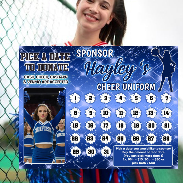 School Cheer Squad Team Donation Calendar | Cheerleader Pick a Date to Donate Fundraiser Template